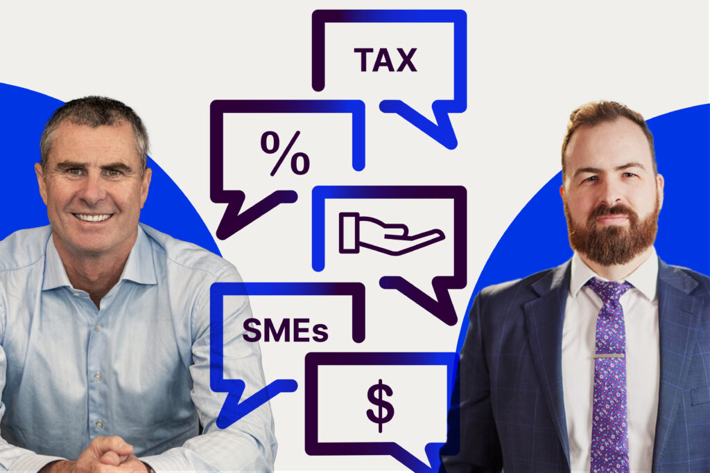 Banjo CEO Guy Callaghan and Adrian Palone, Business Advisory Partner at William Buck, with speech bubbles between them showing the words 'TAX', 'SMEs', a percentage symbol, a dollar sign, and a hand icon