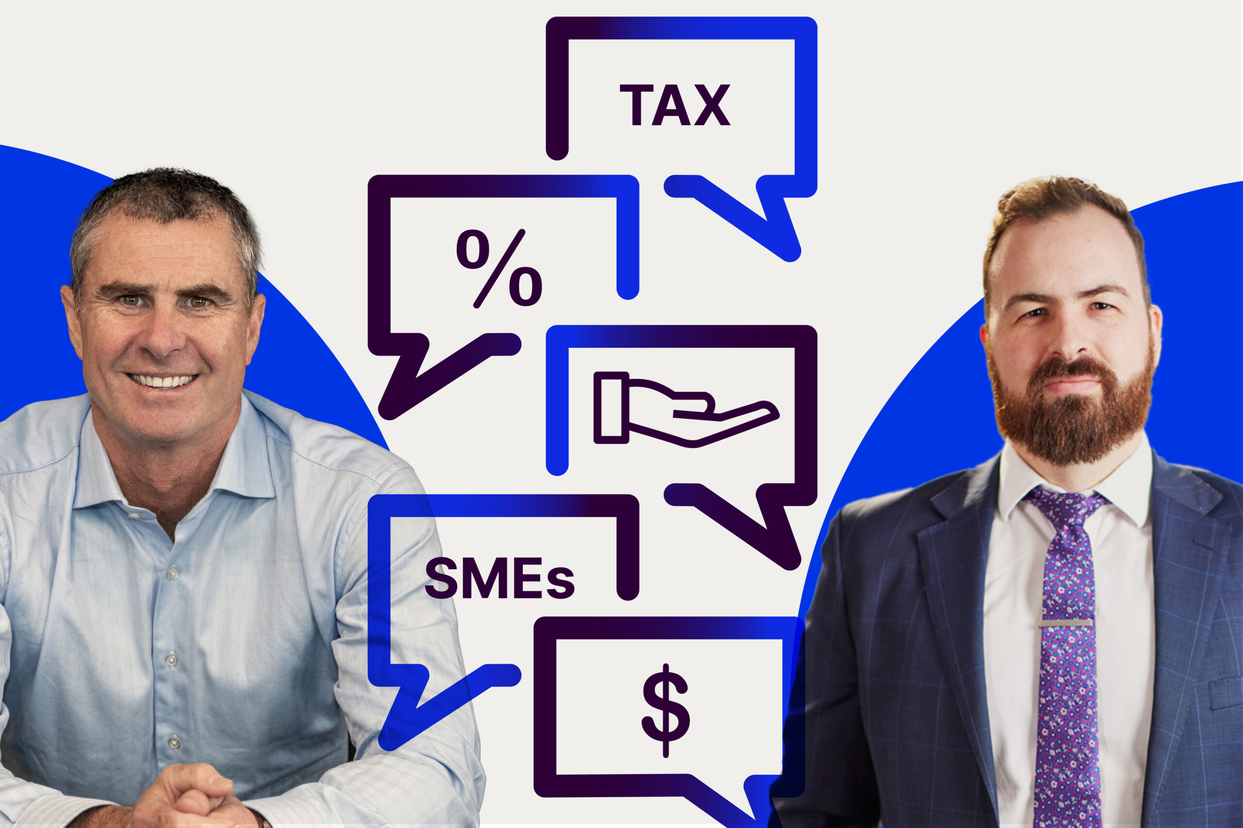 Banjo CEO Guy Callaghan and Adrian Palone, Business Advisory Partner at William Buck, with speech bubbles between them showing the words 'TAX', 'SMEs', a percentage symbol, a dollar sign, and a hand icon
