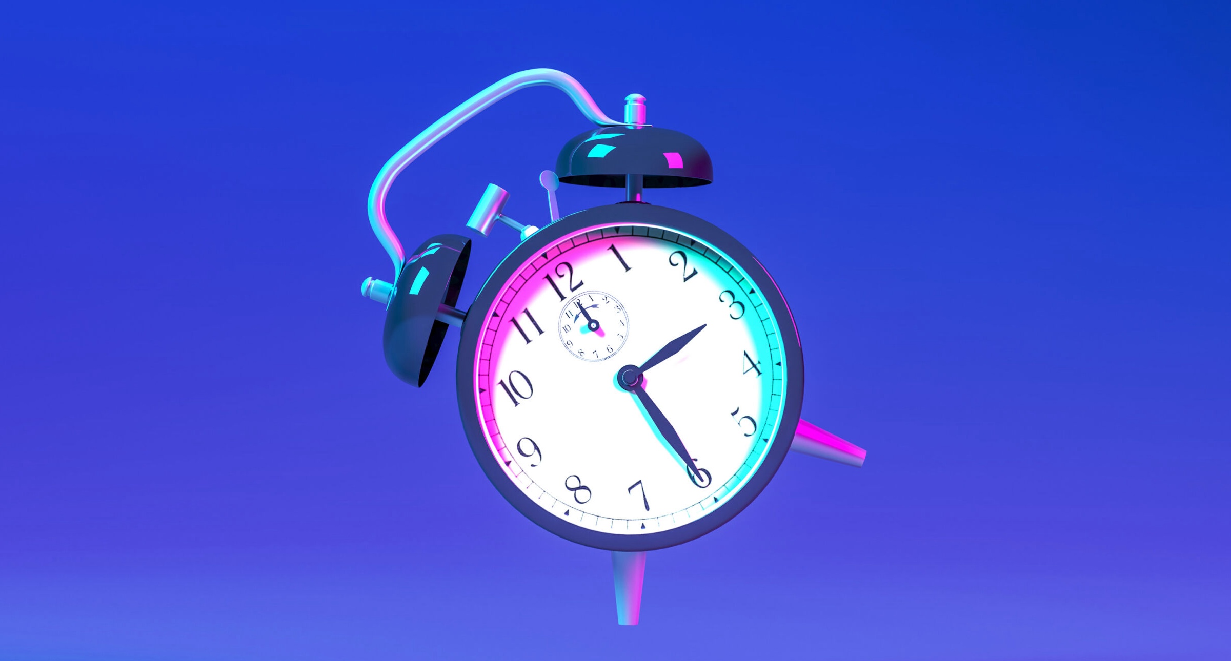 A classic analog alarm clock with two bells, floating against a blue and purple gradient background.